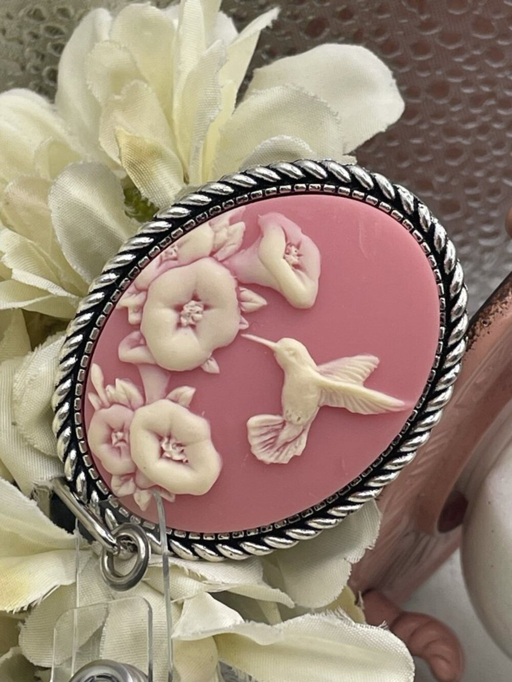 Romantic Pink Hummingbird Lanyard Cameo Retractable Reel ID Card Badge Holder